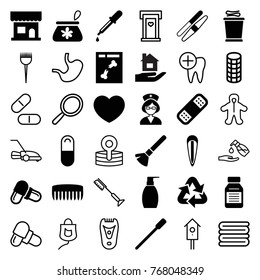 Set of 36 care filled and outline icons such as pipette, nailfile, beauty salon, shaving brush, sawing, bottle soap, pill, bandage, x ray, medicine, nurse, recycle