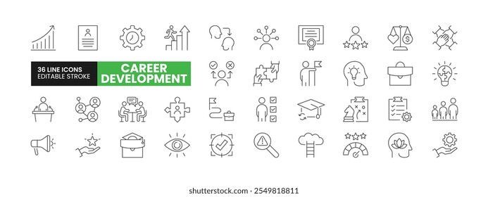 Set of 36 Career Development line icons set. Career Development outline icons with editable stroke collection. Includes Growth, Intern, Creativity, Decision Making, Networking, and More.