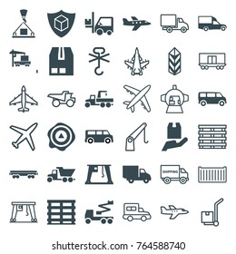 Set of 36 cargo filled and outline icons such as van, crane, cargo box, arrow up, forklift, delivery car, plane, truck