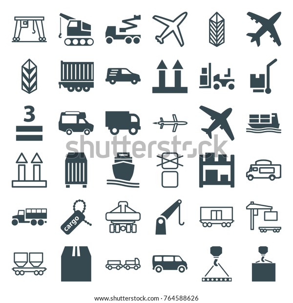 Set of 36 cargo filled and outline icons such as\
van, crane, hook with cargo, forklift, truck, plane, 3 allowed,\
delivery car, storage