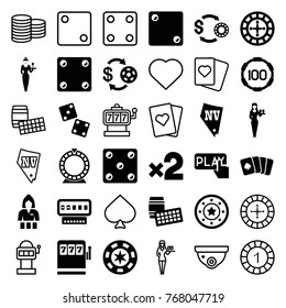 Set of 36 casino filled and outline icons such as casino girl, vegas, dice, lotto, spades, hearts, roulette, coin, slot machine, dice, security camera, playing card