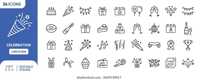 Set of 36 celebration line icons, including cake, confetti, balloons, champagne, gifts, and other party related symbols.