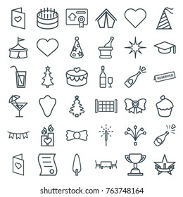 Set of 36 celebration outline icons such as fence, animal fang, bow tie, heart, graduation hat, cake, opened champagne, circus, christmas tree, tent, pine-tree, love letter