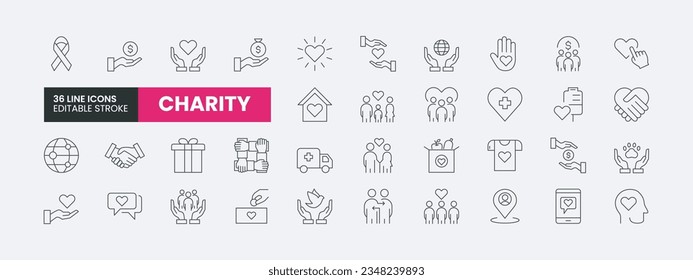 Set of 36 Charity, Donation or Kindness line icons set. Charity outline icons with editable stroke collection. Includes Donation, Charity, Humanitarian, Community, Donation Box, Fundraising and More.