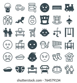 Set of 36 child filled and outline icons such as baby, bed mobile, baby bath, train toy, playpen, sad emot, couple with newborn, trampoline, swing, toy car