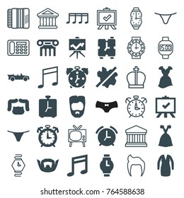 Set of 36 classic filled and outline icons such as man hairstyle, no wash, female underwear, dress, board, music note, cabriolet, wrist watch, alarm, desk phone, tv, bank