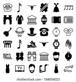 Set of 36 classic filled and outline icons such as arch, female underwear, dress, heart key, harmonic, music note, desk phone, hat, tv, wrist watch for woman, wrist watch