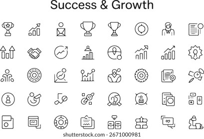 Un conjunto de 36 iconos de líneas limpias, adecuados para representar varios aspectos del éxito y crecimiento empresarial