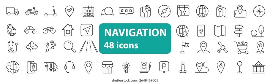 Set of 36 clean and minimal line icons focused on location, navigation, and map-related elements. Includes symbols such as pins, GPS, maps, compass, routes, geotags, and directions.