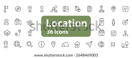 Set of 36 clean and minimal line icons focused on location, navigation, and map-related elements. Includes symbols such as pins, GPS, maps, compass, routes, geotags, and directions.