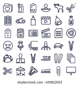Set of 36 clip outline icons such as moose, turtle, nest, pin, hair barrette, cloth pin, paper, board, vice clamp, spray paint, taco, milk, cargo height
