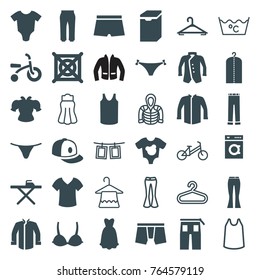 Set of 36 clothes filled and outline icons such as baby onesie, hanger, ironing table, clothes on hanger, no dry cleaning, man underwear, female underwear, singlet, jacket