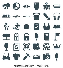 Set of 36 collection filled icons such as sofa, pig, opened lock, tweezers, hat, cocktail, sport bra, jacket, skirt, mittens, reload, hummer, saw, dice game, camera