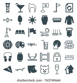 Set of 36 collection filled and outline icons such as sofa, pig, cocktail, sweater, skirt, mittens, reload, international delivery, vomiting emoticon, pot for plants, paper plane