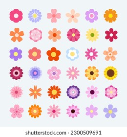 Set of 36 colorful abstract flower shapes in flat style for poster, banner, web site, advertising , card. Vector illustration.