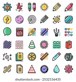 A set of 36 colorful icons perfect for web design, mobile apps, or any creative project. These fun and playful icons represent various objects and concepts, including technology, creativity.