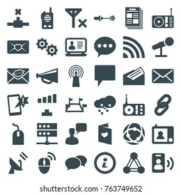 Set of 36 communication filled icons such as connection, chat, chatting man, mouse, laptop, signal, megaphone, important message, love letter, locations, newspaper, radio