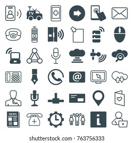 Set of 36 communication filled and outline icons such as call, arrow right, info, ink pen, cloud connection, touchscreen, news, email, tv van, microphone, network connection