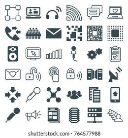 Set of 36 communication filled and outline icons such as mail, move, microphone, share, newspaper, speaker, group, server, home on phone display, chip, satellite, headset
