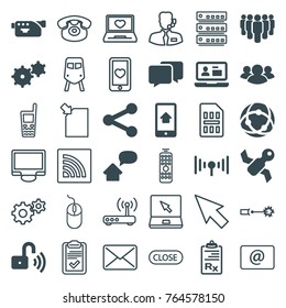 Set of 36 communication filled and outline icons such as satellite, group, camera, clipboard, network connection, share, home on phone display, signal, opened security lock