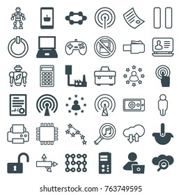 Set of 36 computer filled and outline icons such as online shopping, laptop, cpu, opened lock, touchscreen, search cloud, server, phone connection cable
