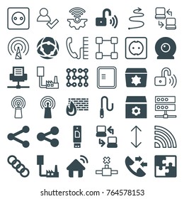 Set of 36 connection filled and outline icons such as gear, share, signal, network connection, brick wall fire, usb drive, wire, opened security lock, web camera, puzzle