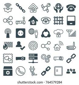 Set of 36 connection filled and outline icons such as plug socket, gear, add user, chain, laptop, desk phone, holding globe, signal, server, brick wall fire, home connection