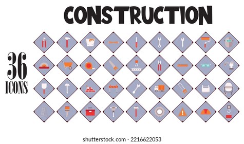set of 36 construction icons with brown border
