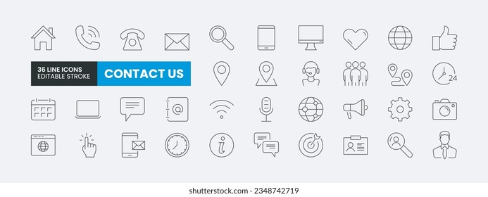 Set of 36 Contact line icons set. Contact Us outline icons with editable stroke collection. Includes Chat, support, message, phone, location, assistance and More.