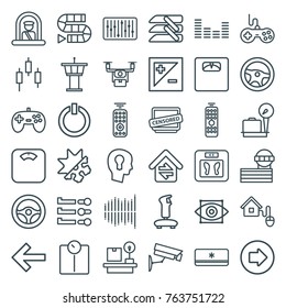 Set of 36 control outline icons such as airport officer, arrow right, lugagge weight, airport tower, joystick, floor scales, dice game, wheel, control panel, floor scale