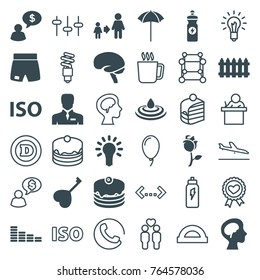 Set of 36 creative filled and outline icons such as fence, equalizer, son and father, cake, energy drink, brain, businessman, heart key, rose, human brain, studio umbrella