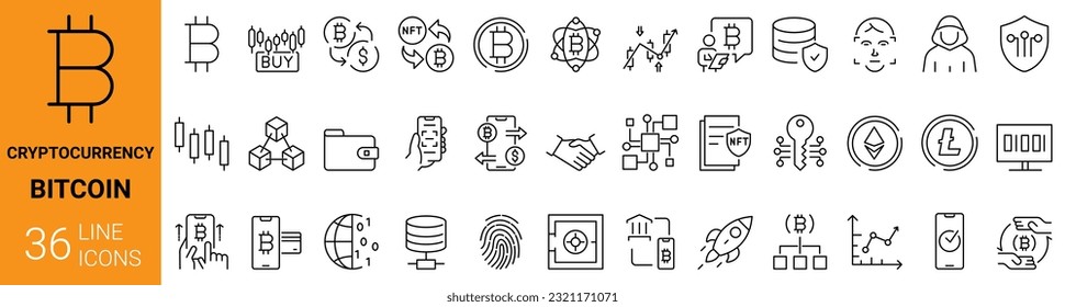 Conjunto de 36 colección de iconos web Cryptocurrency economy. Paquete Blockchain. Bitcoin, NFT, ilustración vectorial. Icono de esquema. Trazo editable.