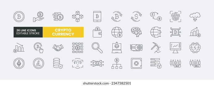 Set of 36 Cryptocurrency line icons set. Crypto Currency outline icons with editable stroke collection. Includes Cryptocurrency, Currency Exchange, Growth, Profit, encryption, token, blockchain tech.