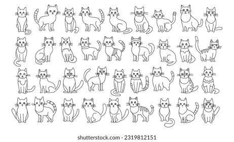 Set of 36 cute different cartoon cats with different emotions. Black and white simple linear vector illustration
