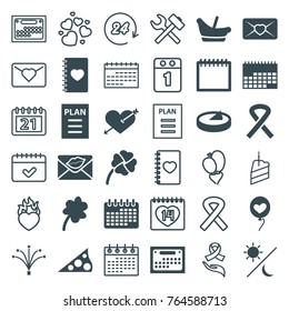 Set of 36 day filled and outline icons such as baby basket, clover, heart with arrow, calendar, love letter, notebook with heart, fireworks, clover, ribbon, plan, sundial