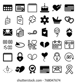 Set of 36 day filled and outline icons such as cake with one candle, flower, baby basket, heart with arrow, broken heart, calendar, love letter, plan, digital time, sundial