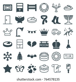 Set of 36 decoration filled and outline icons such as baby bed, crown, star, broken heart, pine-tree, devil heart with wings, table lamp, cupboard, party flag, confetti, photo