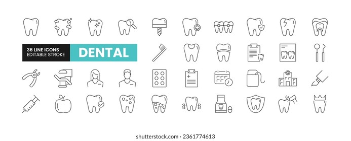 Set of 36 Dental line icons set. Dental outline icons with editable stroke collection. Includes Dentist, Teeth, Treatment, Clinic, Braces and More.