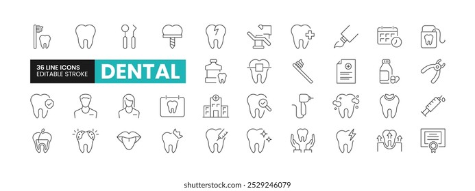 Set of 36 Dental line icons set. Dental outline icons with editable stroke collection. Includes Root Canal, Braces, X-Ray, Tooth Extraction, Tooth Filling, and More.