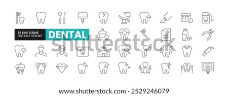 Set of 36 Dental line icons set. Dental outline icons with editable stroke collection. Includes Root Canal, Braces, X-Ray, Tooth Extraction, Tooth Filling, and More.