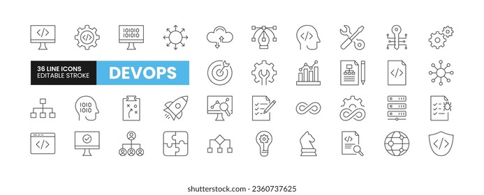 Conjunto de 36 iconos de línea DevOps. Iconos de esquema DevOps con colección de trazo editable. Incluye Coding, Key, DevOps, Release, Strategy y más.