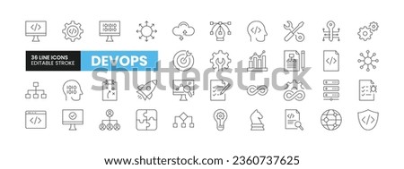 Set of 36 DevOps line icons set. DevOps outline icons with editable stroke collection. Includes Coding, Key, DevOps, Release, Strategy and More.