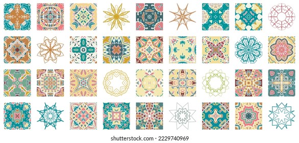 Set of 36 different hand drawn seamless square patterns and geometric mandalas. Colorful doodle backgrounds collection, isolated design elements for cards, invitations, banners, fabric or paper print.