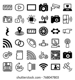 Set of 36 digital filled and outline icons such as 7 number, map location, camera, cpu, laptop with heart, pause, signal, camera shutter, burst, wi-fi, router, 24 hours