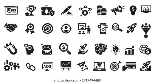 Set of 36 digital marketing and startup line icons. Business growth symbols including rocket, target, strategy, funnel, and analytics. Professional vector flat glyph design