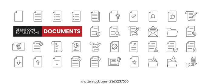 Set of 36 Documents line icons set. Documents outline icons with editable stroke collection. Includes Document Files, Upload, Download, Receipt, Document Approval, and More.