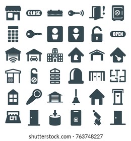 Set of 36 door filled icons such as barn, sliding doors, man wc, house building, shutter blinds, door with heart, garage, opened lock, window, safe, do not disturb, male wc