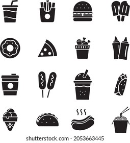 Set of 36 drink filled and outline icons such as coffee, opened champagne, tea, burger, milk glass, burger and drink, bottle, wine glass, chef hat, cocktail, beer can, beer