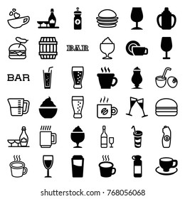 Set of 36 drink filled and outline icons such as drink, coffee, cocktail, champagne and wine glasses, milkshake, soda, coffee cup, bottle for fitness, cup, wine glass, barrel