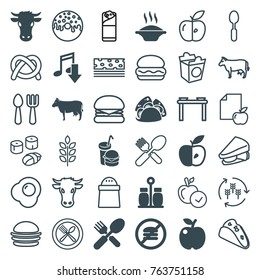 Set of 36 eat filled and outline icons such as cow, apple, eating mouth, soup, taco, burger and drink, fork and spoon, no fast food, pepper, wheat, harvest, burger, pretzel